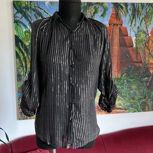 Vintage 70s-80s sheer black blouse with silver metallic stripes. Size med